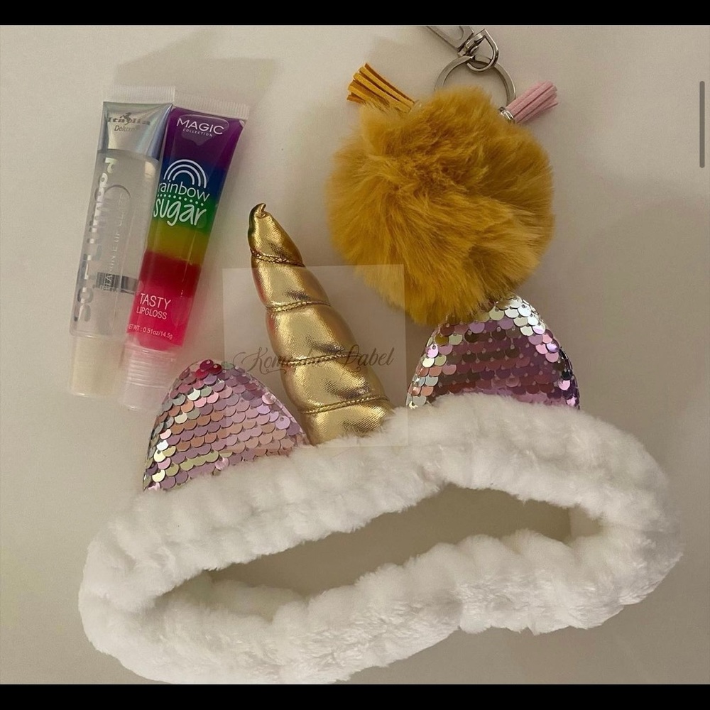 Unicorn spa makeup headband pompom keychain